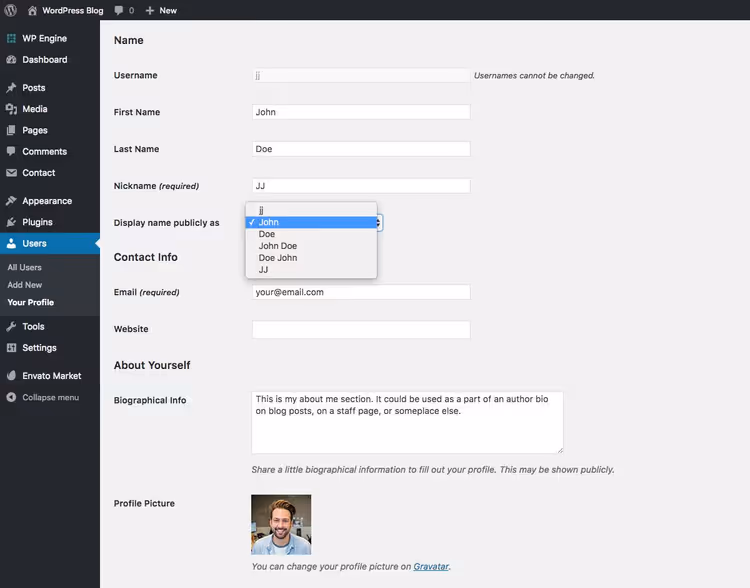 WordPress user profile settings