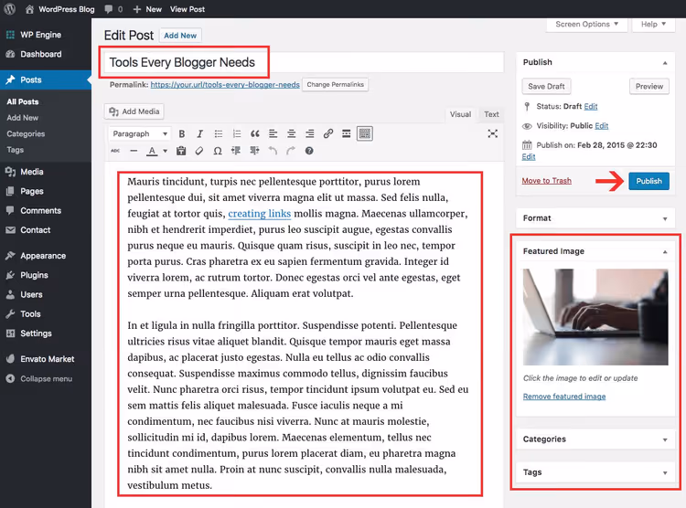 WordPress post editor with new post
