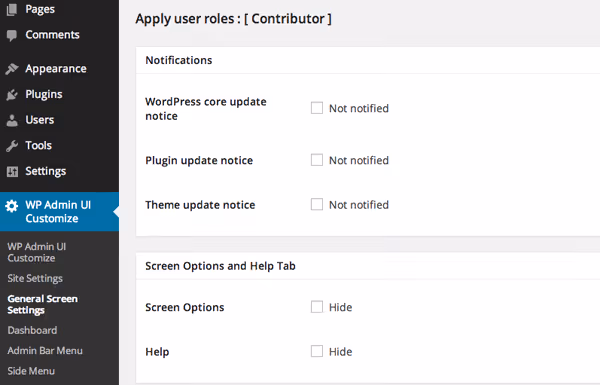 General screen settings for a role