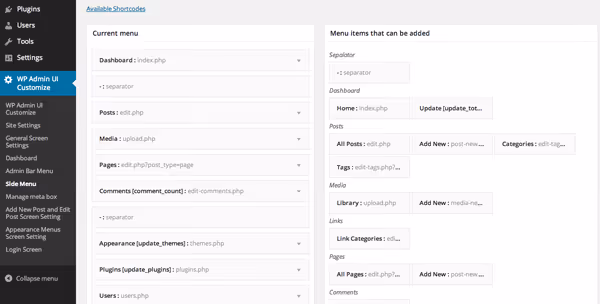 Configuring the WordPress admin sidebar menu