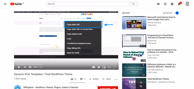 Video URL-i kopeerimine YouTube'i kontekstimenüüst