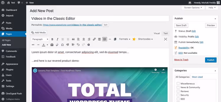 Manustatud YouTube'i video WordPressi klassikalises redaktoris