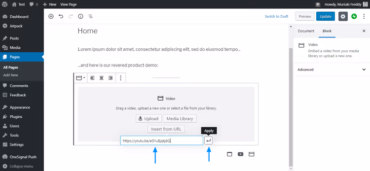 YouTube'i video URL-i sisestamine ja Rakenda nupp video plokis