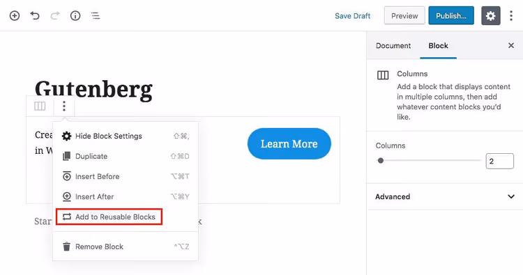 Gutenberg editor interface with standard block set