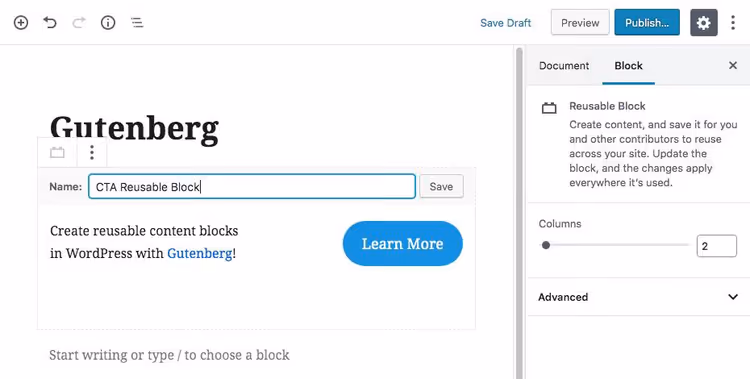 Gutenberg block dropdown menu with option to add to reusable blocks