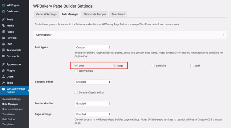 WP Bakery role manager interface with post type selection