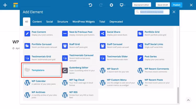 Add element button in WP Bakery Page Builder interface