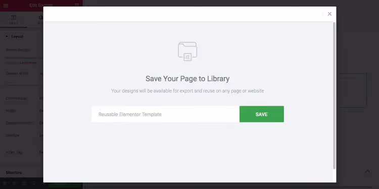 Elementor save dropdown menu with save as template option