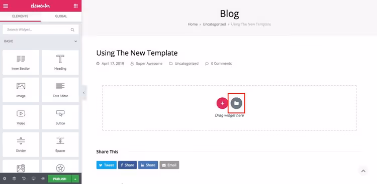 Elementor template save dialog with name input field