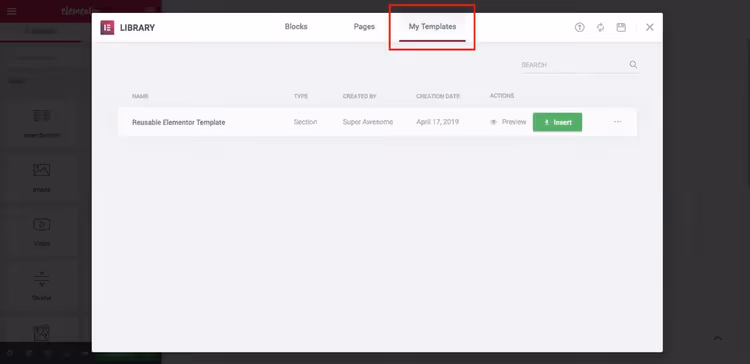 Elementor template library with user saved templates tab
