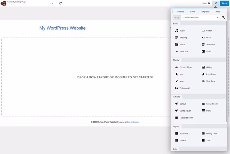 Beaver Builder visual editor start screen