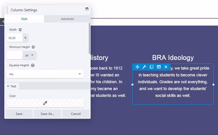 Column settings in Beaver Builder
