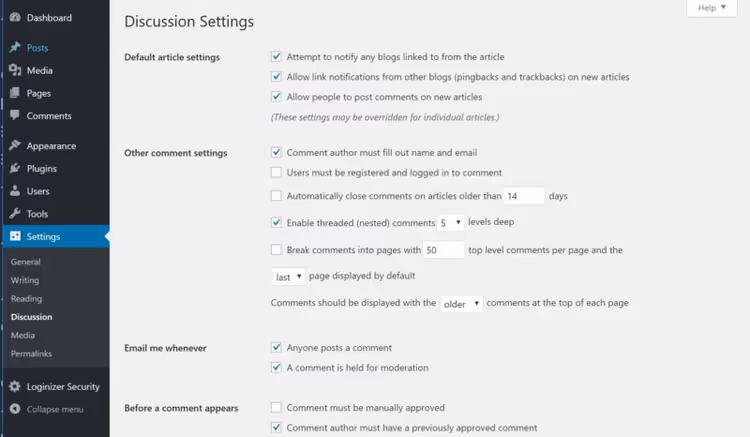 WordPress Diskusjonsinnstillinger: e-postvarsler for kommentarer