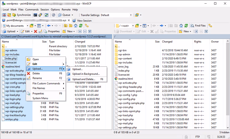 Dragging WordPress core files from a local folder to the server via FTP client