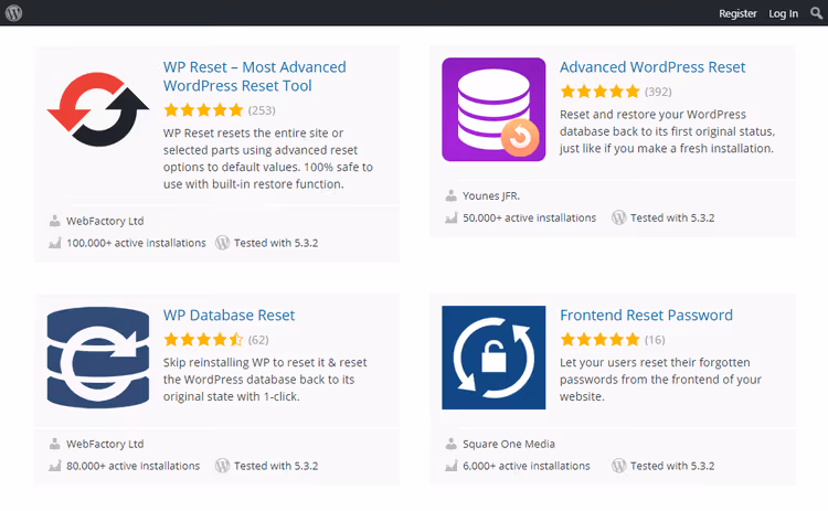 WP Reset plugin interface for resetting a WordPress site to factory settings