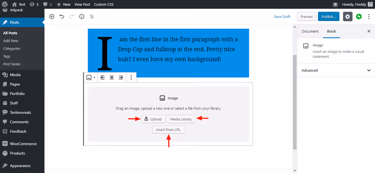 Bloque de imagen con botones de subida: Subir, Biblioteca de medios, Insertar desde URL