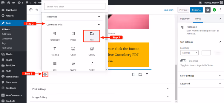 Seleccionando el bloque Archivo en la sección Bloques comunes del menú de Gutenberg
