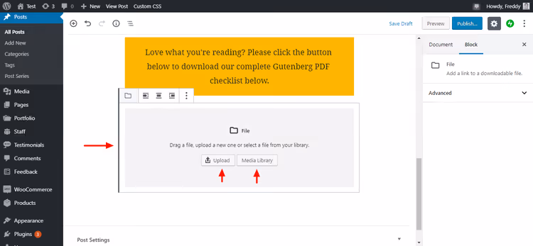 Bloque Archivo con botones para subir y seleccionar de la biblioteca de medios