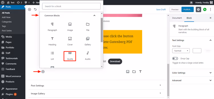 Seleccionando el bloque Cita en la sección Bloques comunes del editor Gutenberg