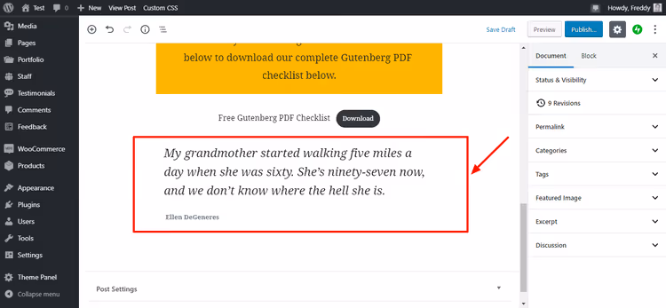 Cita finalizada en el editor Gutenberg con el estilo del tema