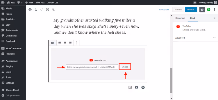 Pegando una URL de vídeo de YouTube y el botón Insertar en el bloque de Gutenberg