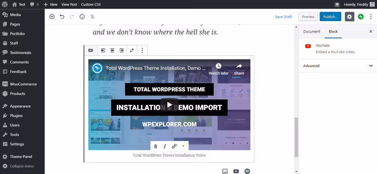 Vídeo de YouTube incrustado en el editor Gutenberg tras hacer clic en Insertar