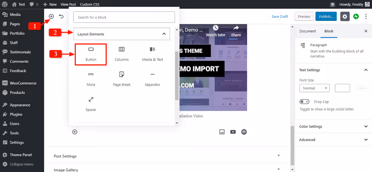 Seleccionando el bloque Botón en la sección Elementos de diseño del editor Gutenberg