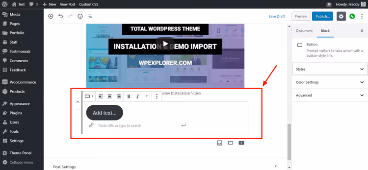 Bloque Botón con campos de texto y URL en el editor Gutenberg