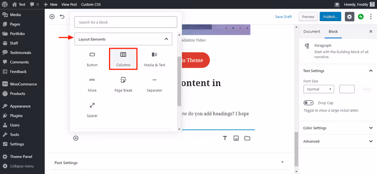 Seleccionando el bloque Columnas en la sección Elementos de diseño del editor Gutenberg