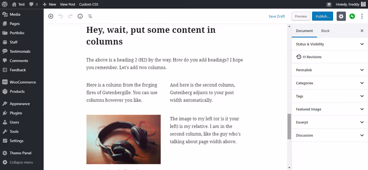 Dos columnas con contenido en el editor Gutenberg