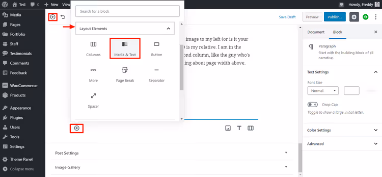 Seleccionando el bloque Multimedia y texto en la sección Elementos de diseño del editor Gutenberg
