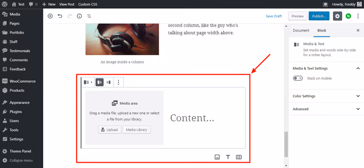 Bloque Multimedia y texto con marcadores de posición para imagen y texto