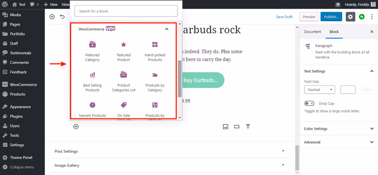 Bloques de WooCommerce en el editor Gutenberg: seleccionando producto, carrito, filtro