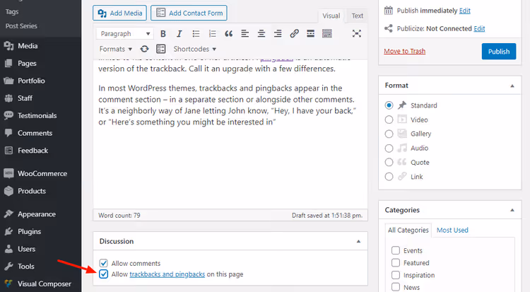 Pannello di controllo pingback per un singolo articolo WordPress