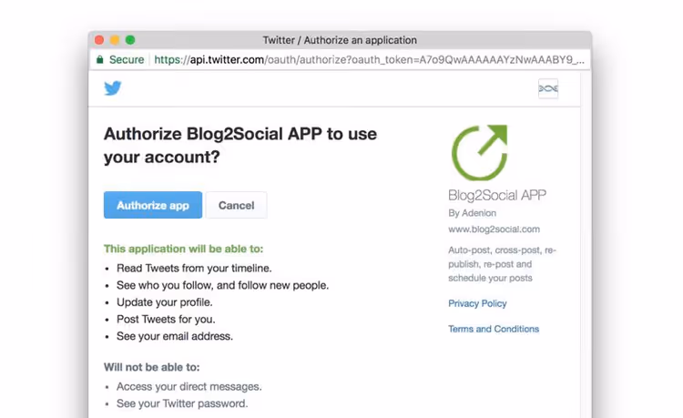 Окно авторизации профиля соцсети в Blog2Social