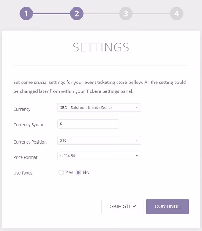 Tickera plugin initial setup wizard