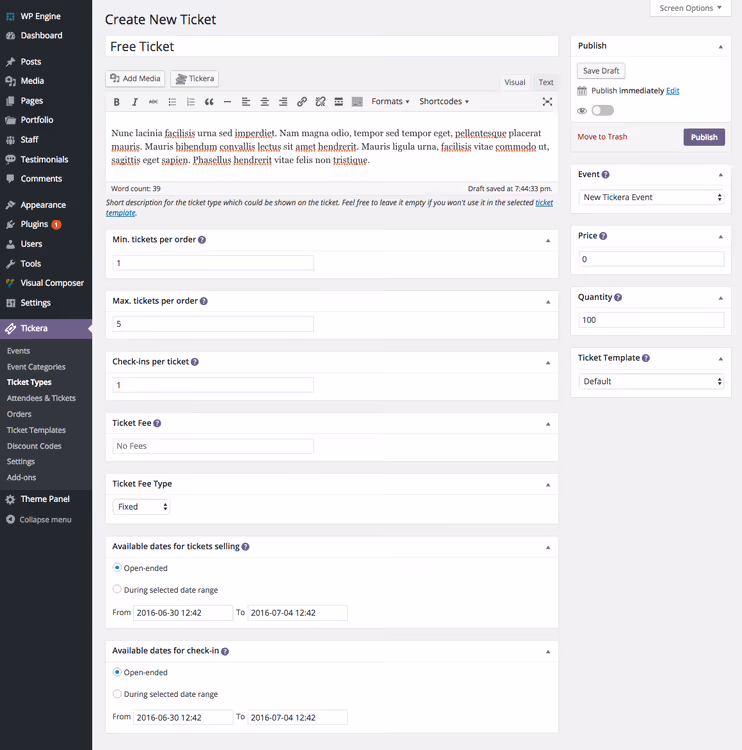 Ticket type settings with price and seat count in Tickera