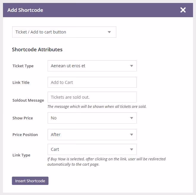 Tickera shortcode builder with display option selection