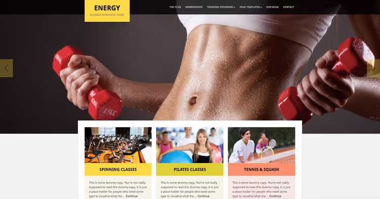 Tema Energy, página de inicio de centro de fitness con slider dinámico