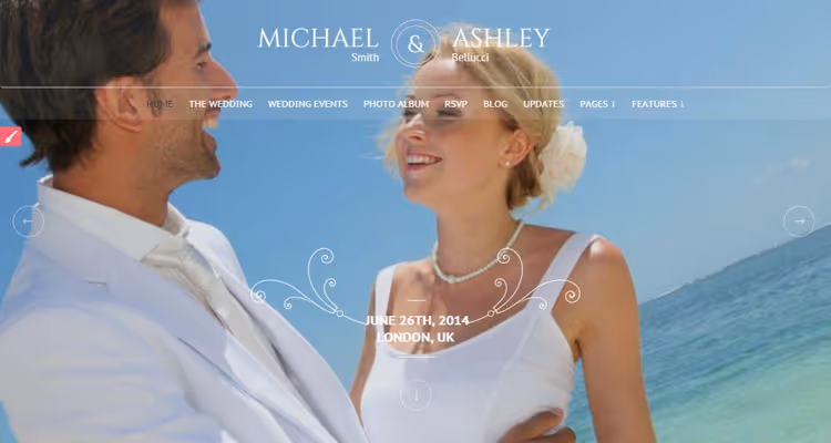Wedding Elementor -teeman design valokuvagallerialla ja tekstilohkoilla