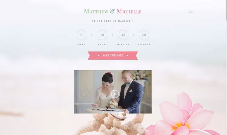 Catch Wedding -teeman kotisivu pariskuntakuvalla ja aikajanalla