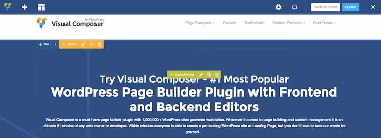 Interface do WPBakery com painel de grelha e elementos