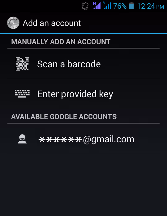 Ekran dodawania konta w aplikacji Google Authenticator
