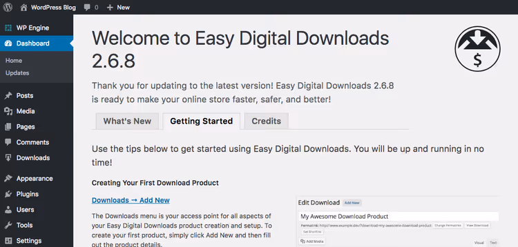 Bekräftelsesida för installation av Easy Digital Downloads
