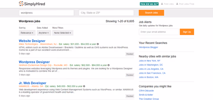 Agregator ofert pracy Simply Hired z wynikami wyszukiwania dla WordPress