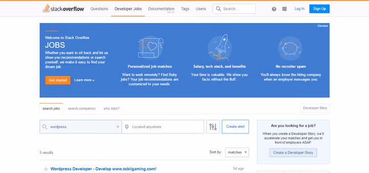 Stack Overflow Jobs z ofertami dla deweloperów WordPress