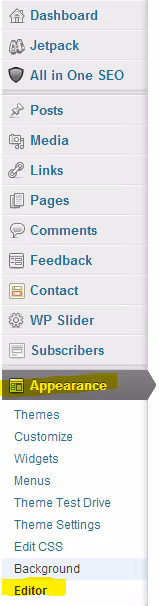 Utseende → Redigerarmeny i WordPress admin