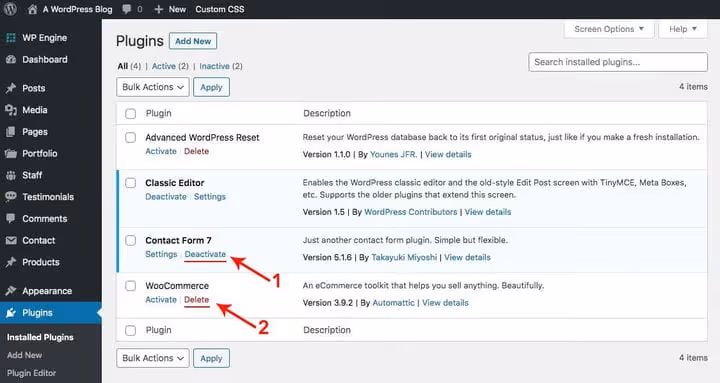 WordPress-Plugin-Verwaltungsbildschirm mit Deaktivieren- und Löschen-Schaltflächen