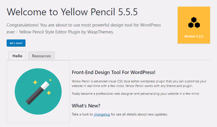 Yellow Pencil-Willkommensseite mit Ressourcen und Dokumentation
