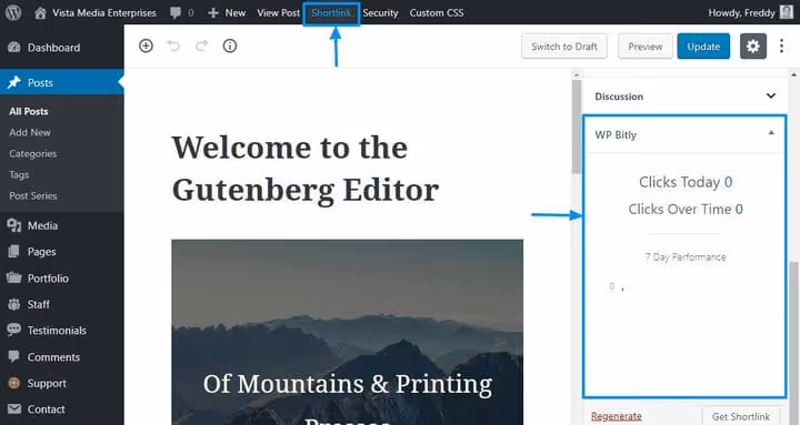 Lyhytlinkkipainike WordPress-editorissa
